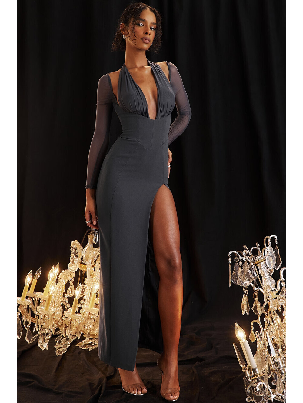 NWTs, House of CB Evangelina Slate Plunge Maxi Dress in Gray Sz L #MD2653